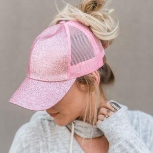 PINK GLITTER MESSY BUN BASEBALL CAP